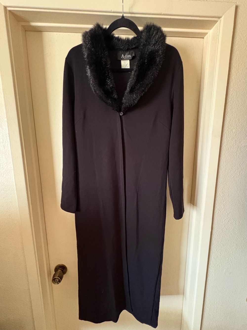 A-list by Wrapper Black Faux Fur Collar Longline Duster Coat Jacket M